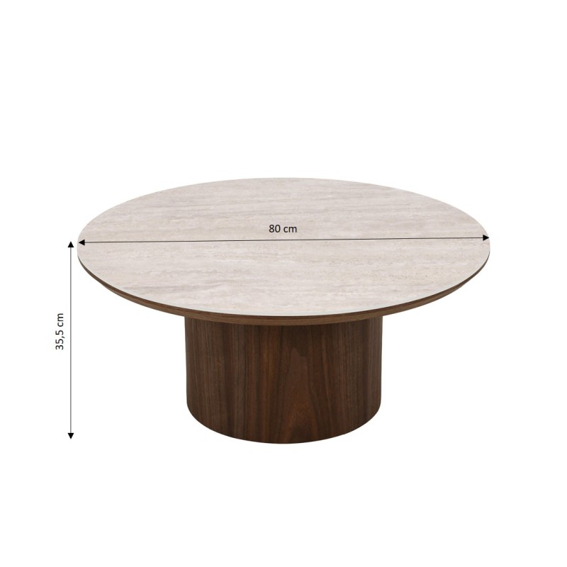 Table basse LOFA placage noyer et plateau céramique effet travertin 80cm