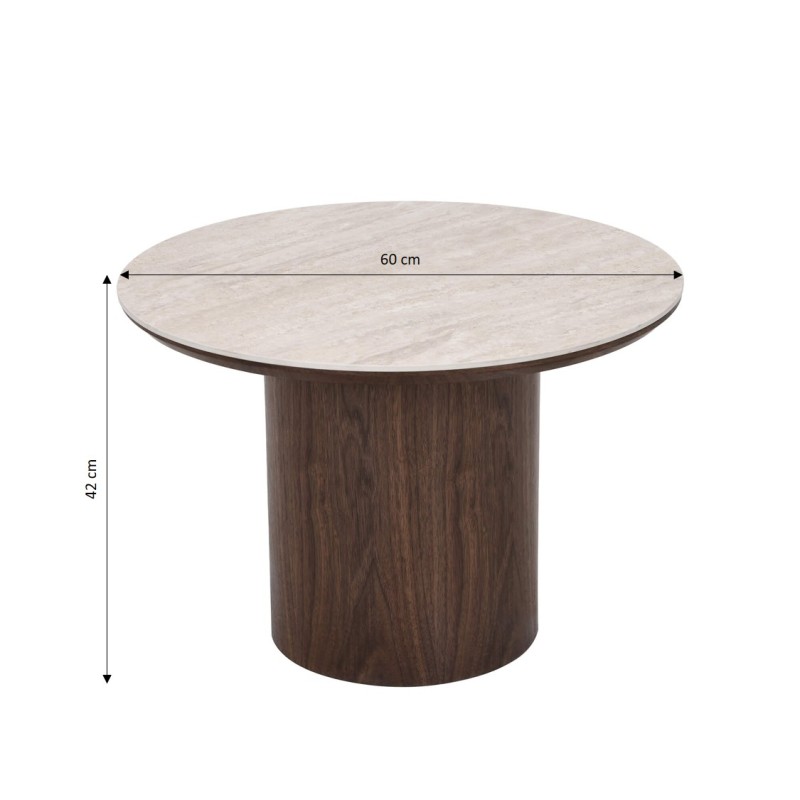 Couchtisch LOFA mit Nussbaumfurnier und Keramikplatte in Travertin-Optik, 60 cm