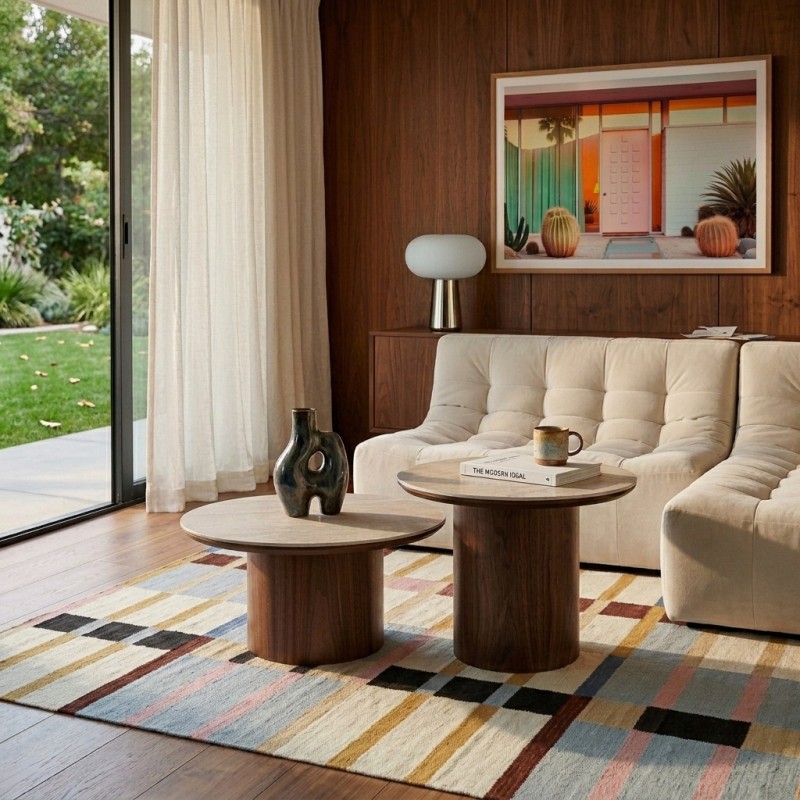 Couchtisch LOFA mit Nussbaumfurnier und Keramikplatte in Travertin-Optik, 60 cm