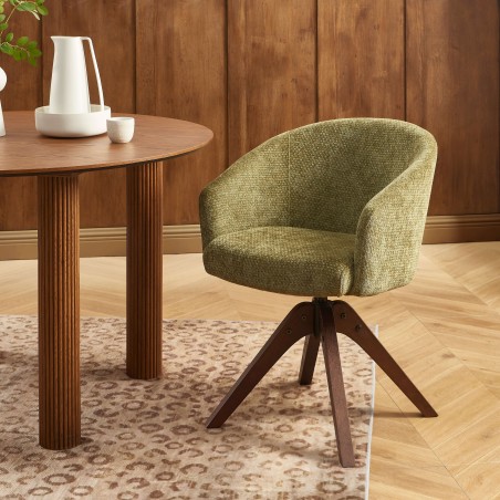 Poltrona da tavolo PAOLA in tessuto chenille verde con base in rovere massiccio