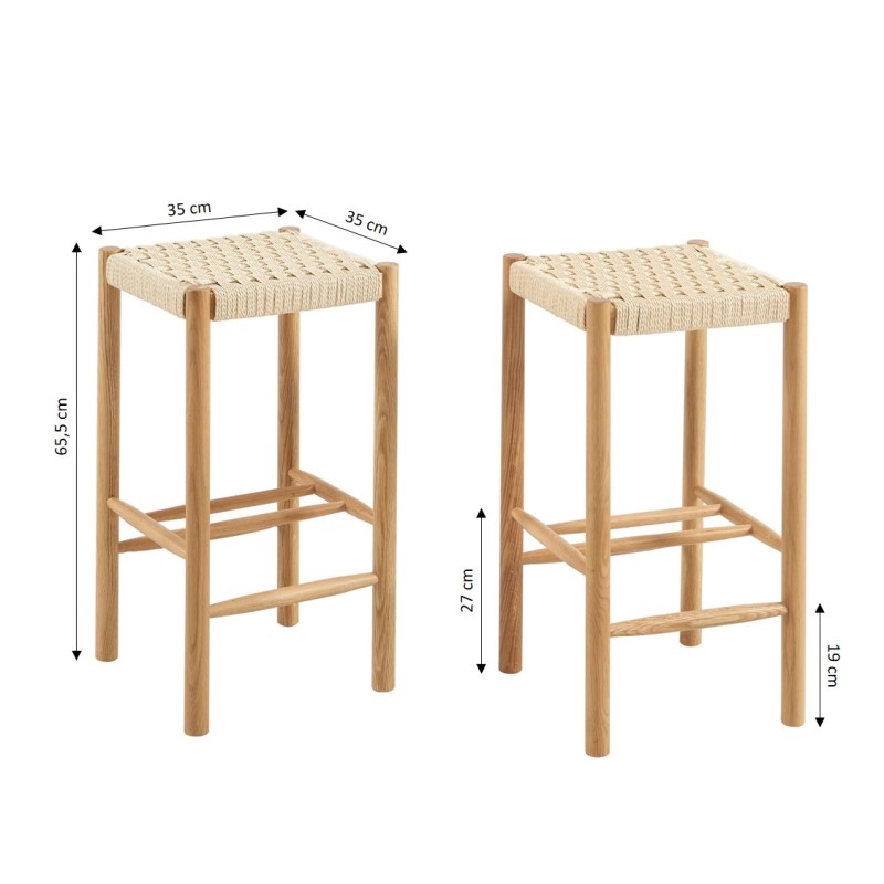 Lot de 2 tabourets ELLIO chêne massif et corde
