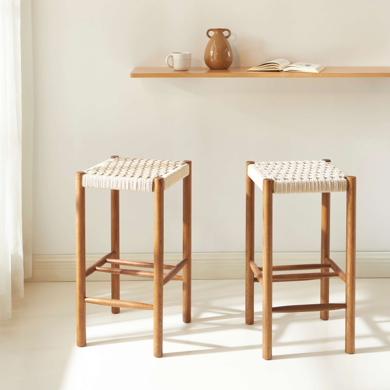 Lot de 2 tabourets ELLIO chêne massif couleur noyer et corde