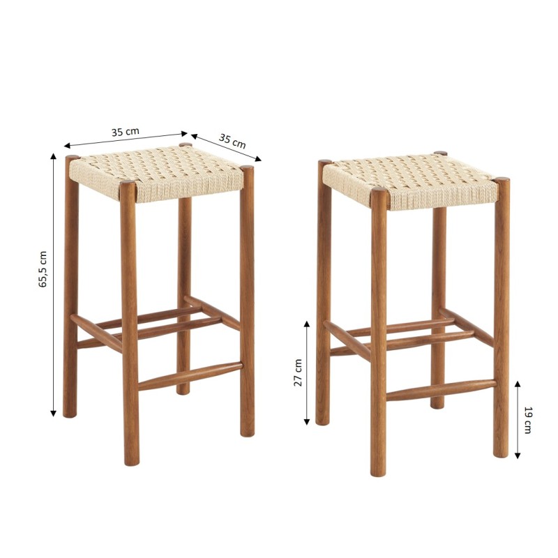 Lot de 2 tabourets ELLIO chêne massif couleur noyer et corde