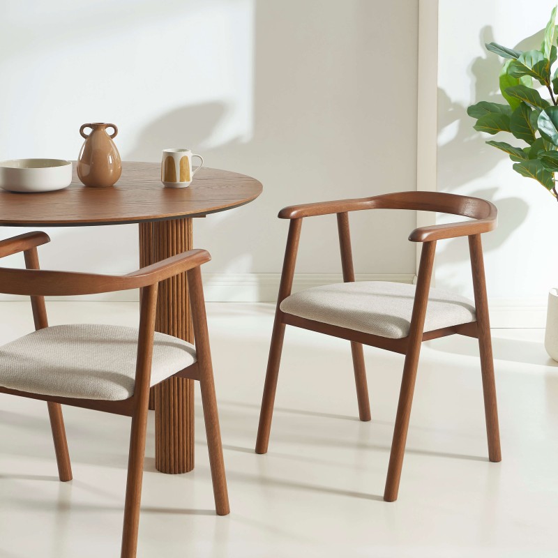 Lot de 2 chaises LORENZ chêne massif couleur noyer et tissu beige