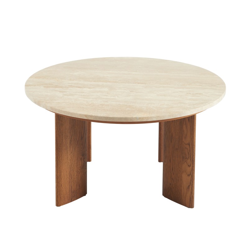 Table basse MOKU plateau travertin et pieds frêne massif couleur noyer