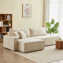Canapé d'angle ouvert gauche ZOLA convertible velours côtelé beige 4 places