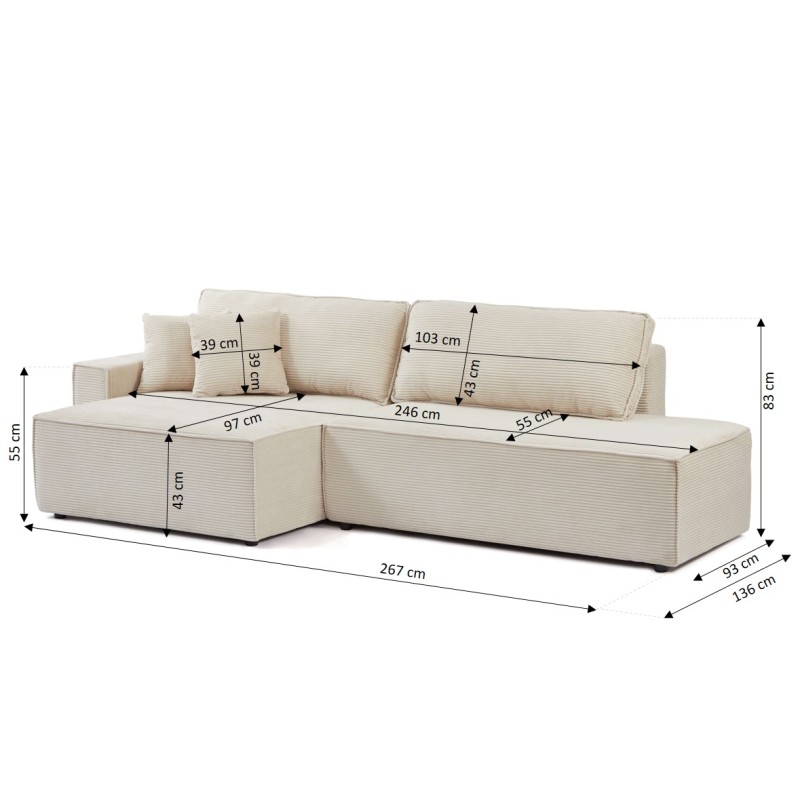 Canapé d'angle ouvert gauche ZOLA convertible velours côtelé beige 4 places