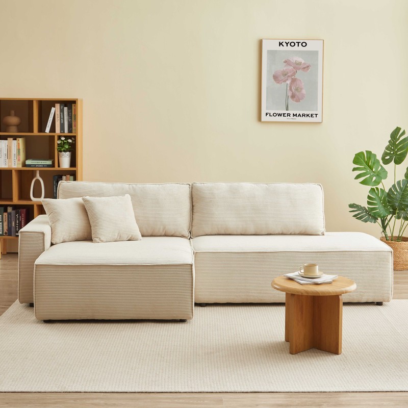 Canapé d'angle ouvert gauche ZOLA convertible velours côtelé beige 4 places