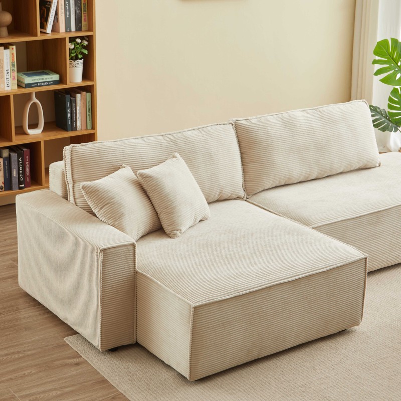 Canapé d'angle ouvert gauche ZOLA convertible velours côtelé beige 4 places