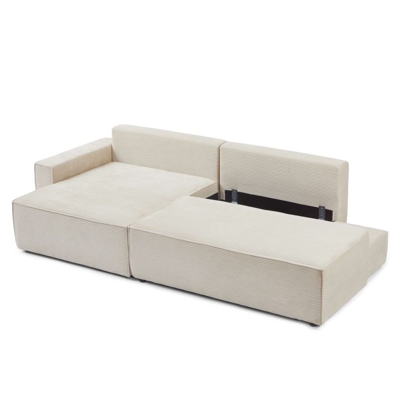 Canapé d'angle ouvert gauche ZOLA convertible velours côtelé beige 4 places