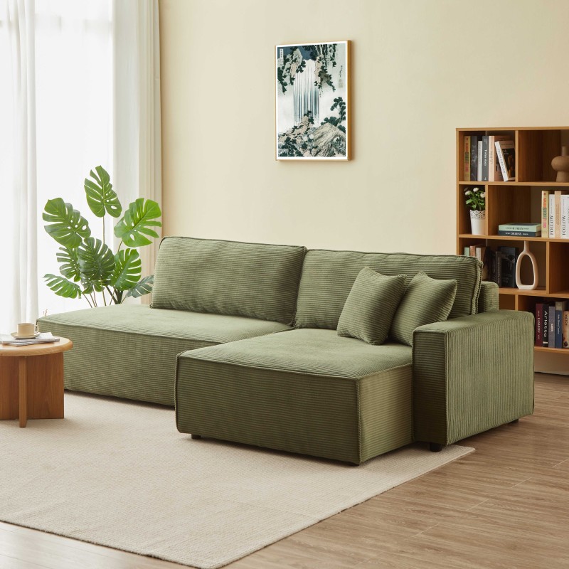 Canapé d'angle ouvert droit ZOLA convertible velours côtelé vert 4 places