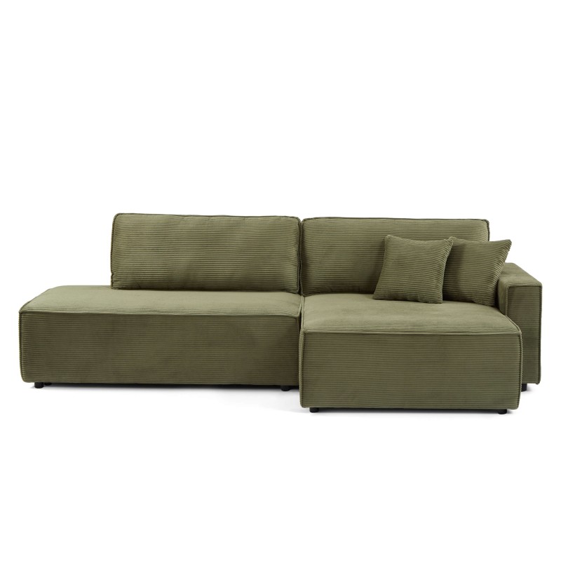 Canapé d'angle ouvert droit ZOLA convertible velours côtelé vert 4 places