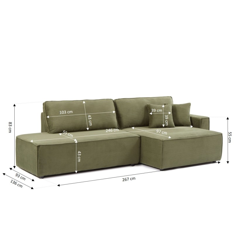 Canapé d'angle ouvert droit ZOLA convertible velours côtelé vert 4 places