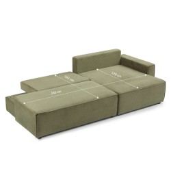 Canapé d'angle ouvert droit ZOLA convertible velours côtelé vert 4 places