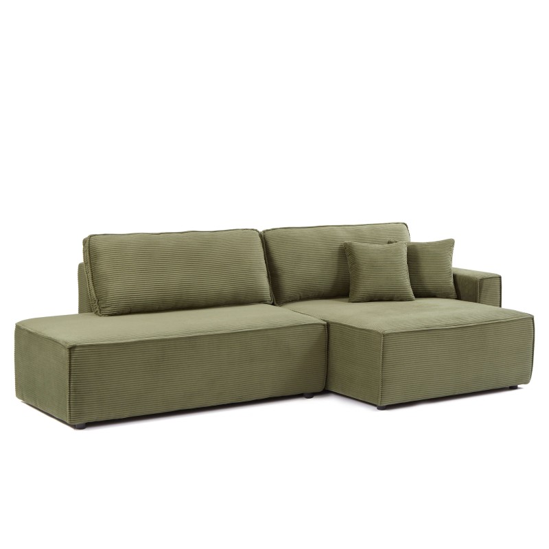 Canapé d'angle ouvert droit ZOLA convertible velours côtelé vert 4 places