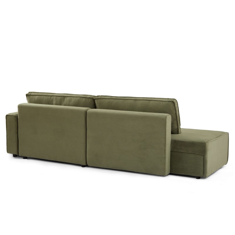 Canapé d'angle ouvert droit ZOLA convertible velours côtelé vert 4 places