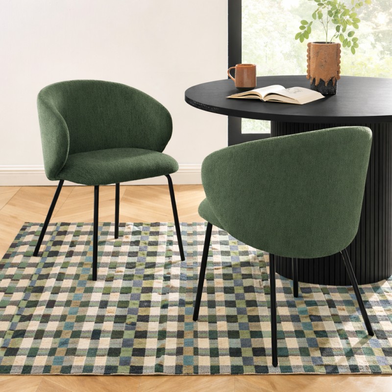 Lot de 2 chaises CASSIE tissu chenille vert et pieds métal noir