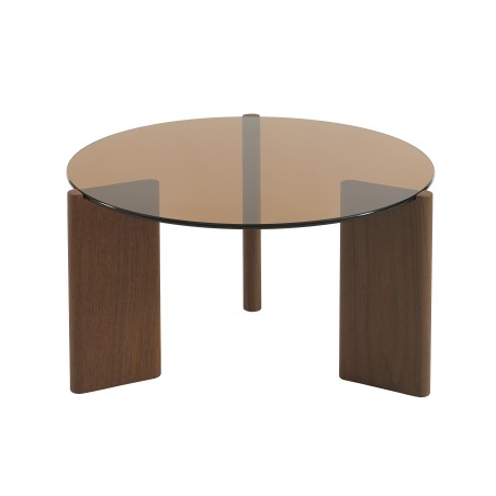 Tavolino OLIE in vetro temperato color caramello e impiallacciatura di noce 75 cm