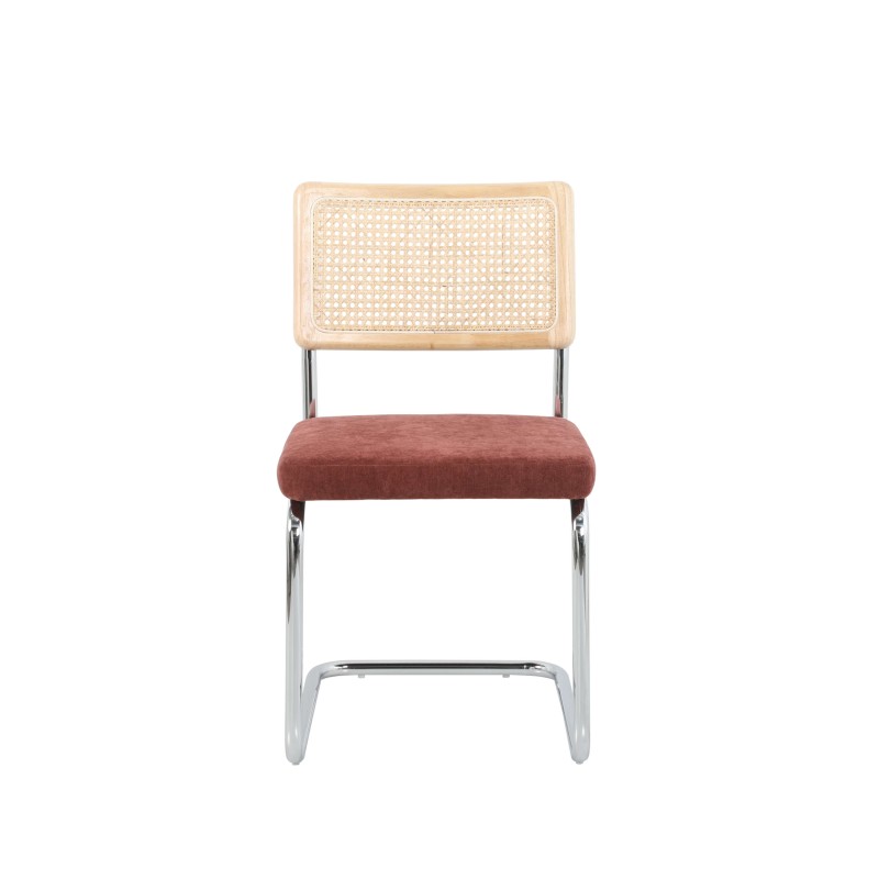 Lot de 2 chaises ELLA cannage et tissu bordeaux pieds métal chromé