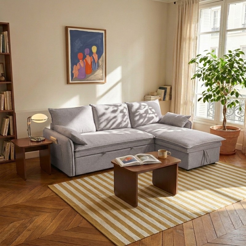 Canapé d'angle convertible et réversible SABEA 4 places tissu beige