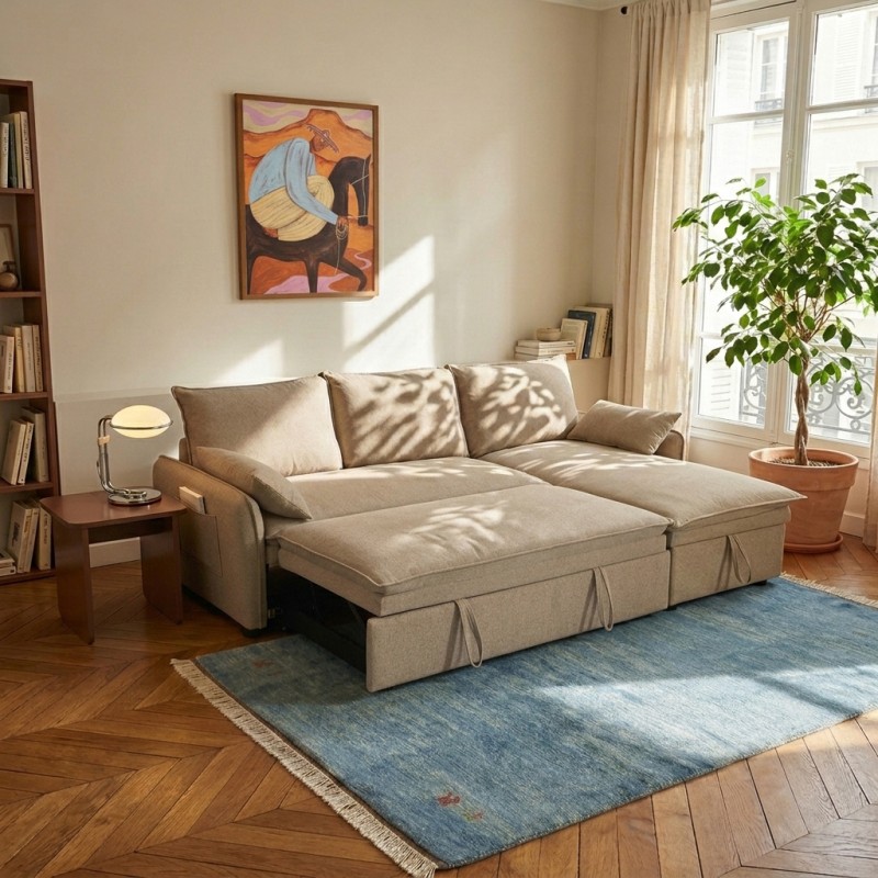 Canapé d'angle convertible et réversible SABEA 4 places tissu marron