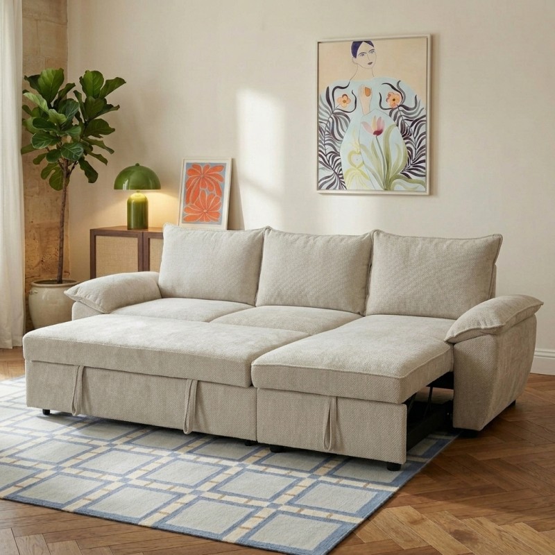 Canapé d'angle droit convertible VINEA 4 places tissu chenille tramé beige