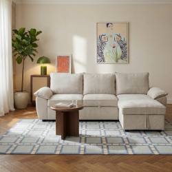 Canapé d'angle droit convertible VINEA 4 places tissu chenille tramé beige