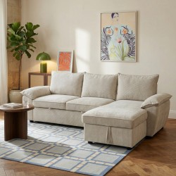 Canapé d'angle droit convertible VINEA 4 places tissu chenille tramé beige