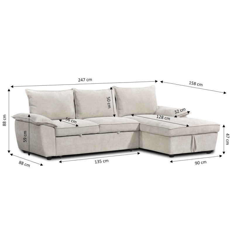 Canapé d'angle droit convertible VINEA 4 places tissu chenille tramé beige