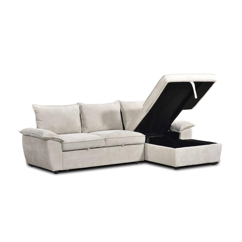 Canapé d'angle droit convertible VINEA 4 places tissu chenille tramé beige