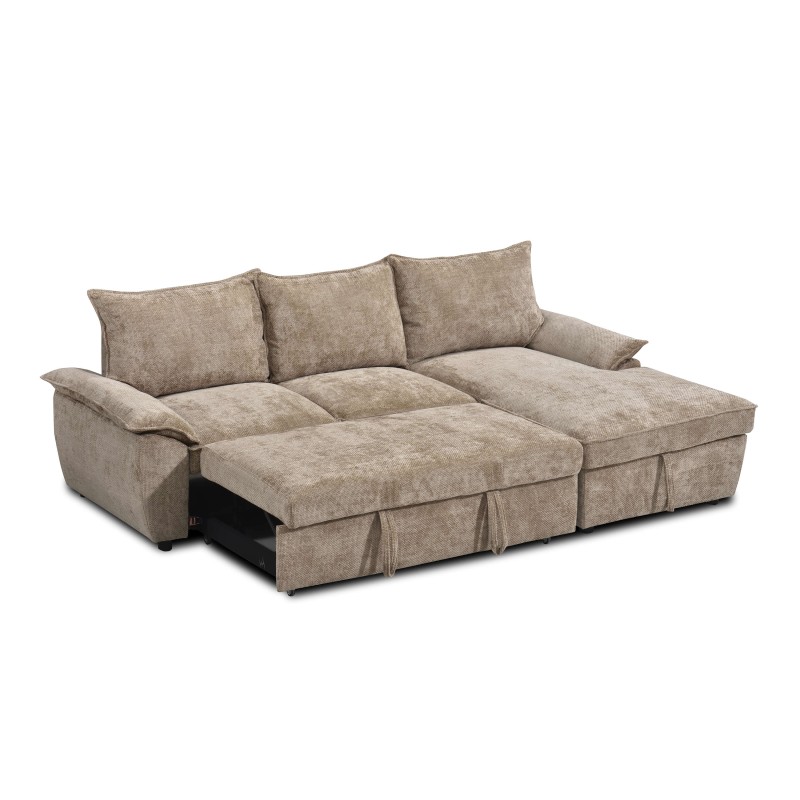Canapé d'angle droit convertible VINEA 4 places tissu chenille tramé taupe
