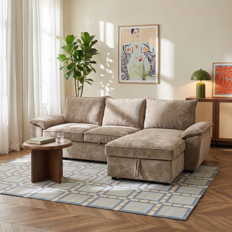 Canapé d'angle droit convertible VINEA 4 places tissu chenille tramé taupe