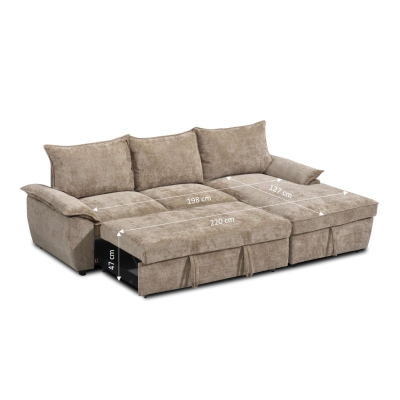 Canapé d'angle droit convertible VINEA 4 places tissu chenille tramé taupe