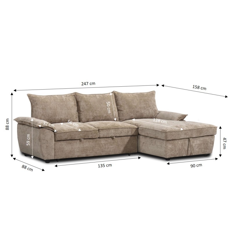 Canapé d'angle droit convertible VINEA 4 places tissu chenille tramé taupe
