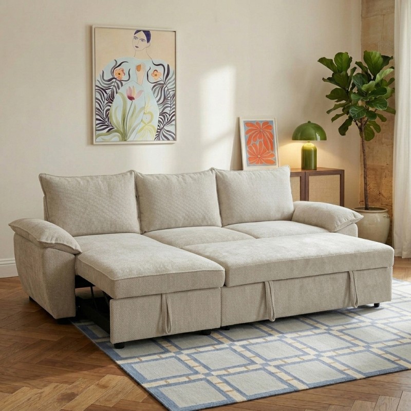Divano letto angolare a 4 posti VINEA, lato sinistro, tessuto in ciniglia, beige