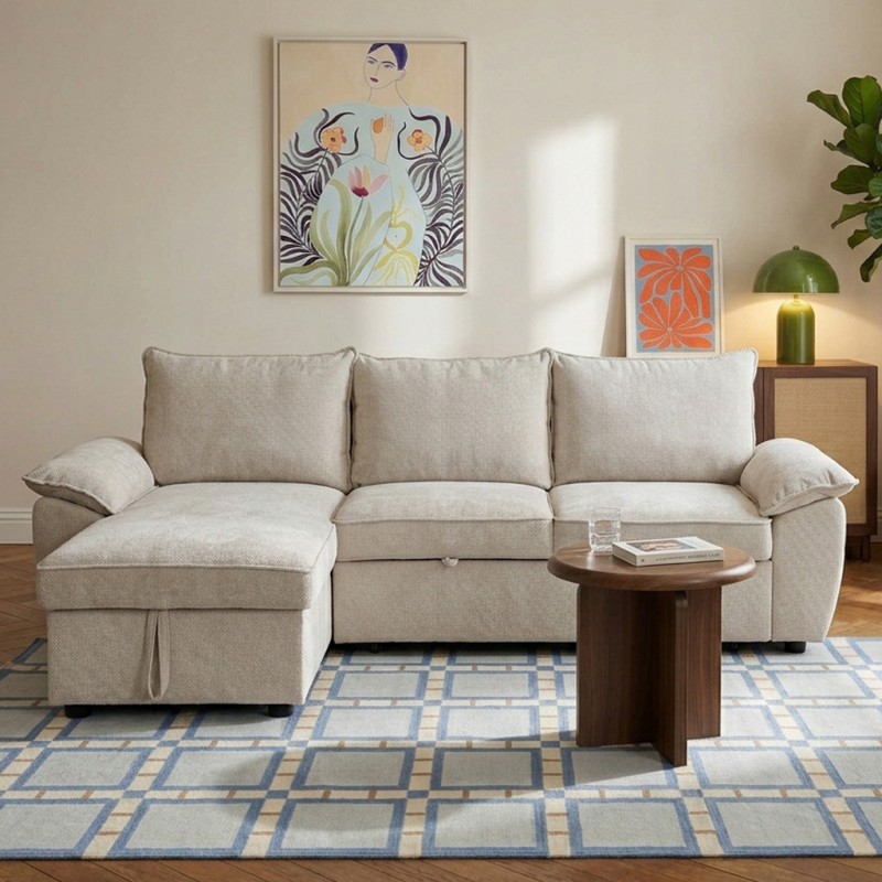 Divano letto angolare a 4 posti VINEA, lato sinistro, tessuto in ciniglia, beige
