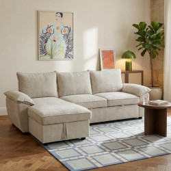 Divano letto angolare a 4 posti VINEA, lato sinistro, tessuto in ciniglia, beige