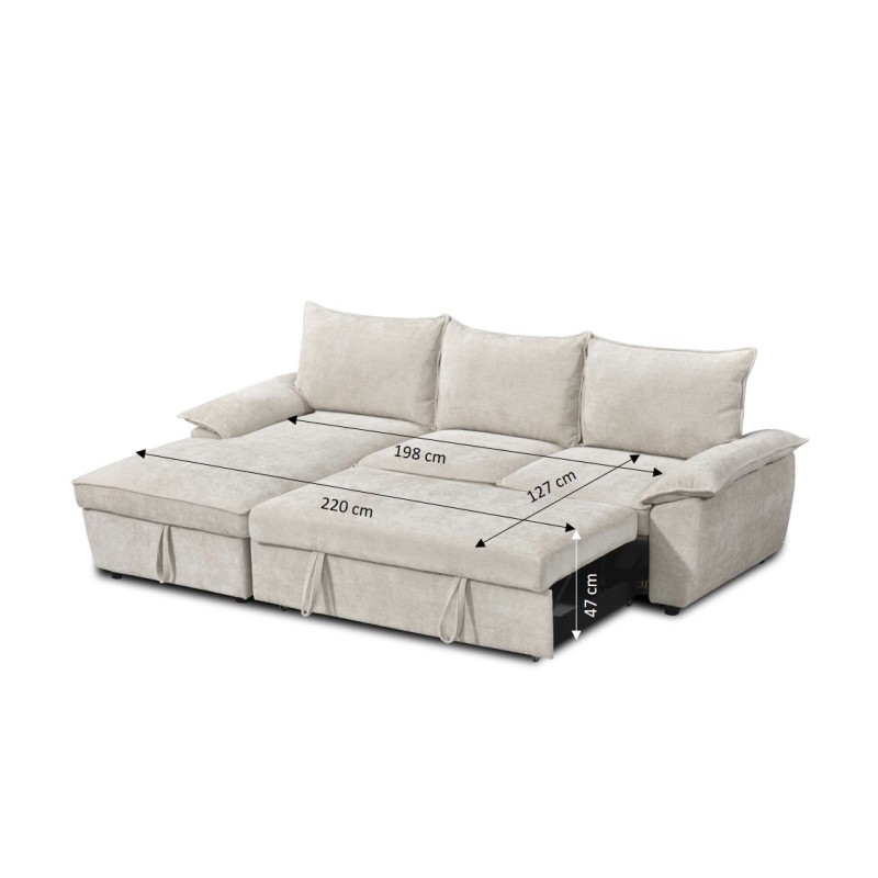 Divano letto angolare a 4 posti VINEA, lato sinistro, tessuto in ciniglia, beige
