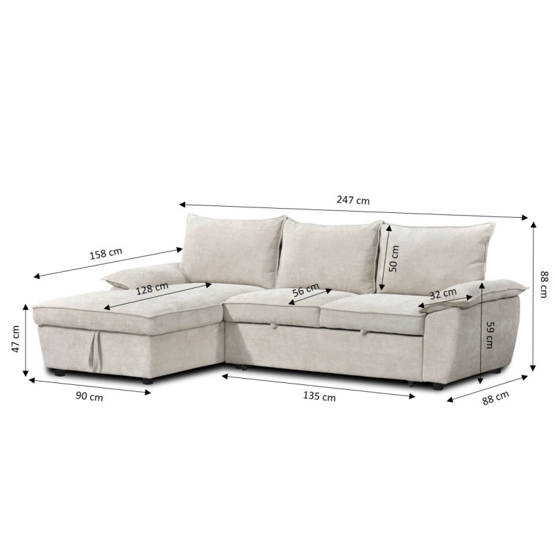 Divano letto angolare a 4 posti VINEA, lato sinistro, tessuto in ciniglia, beige