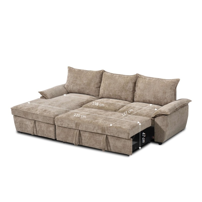 Canapé d'angle gauche convertible VINEA 4 places tissu chenille tramé taupe
