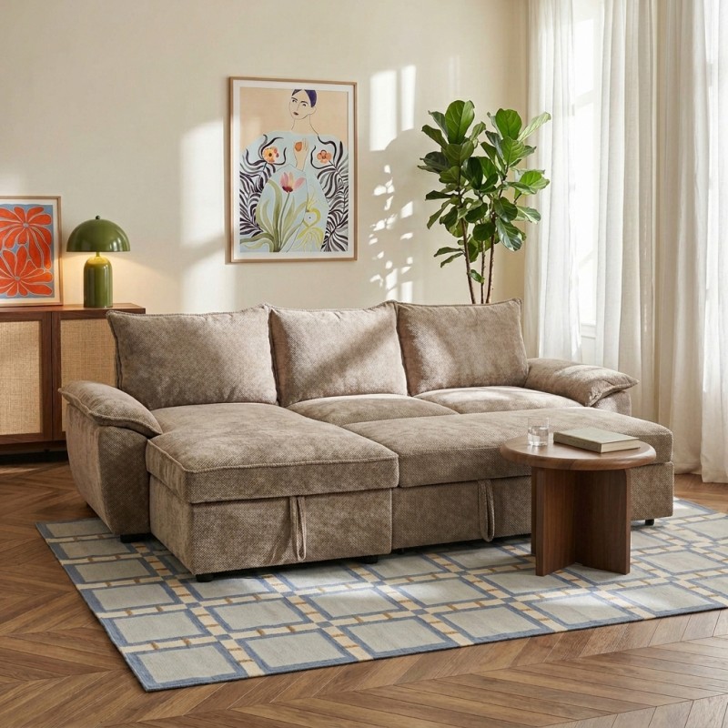 Canapé d'angle gauche convertible VINEA 4 places tissu chenille tramé taupe