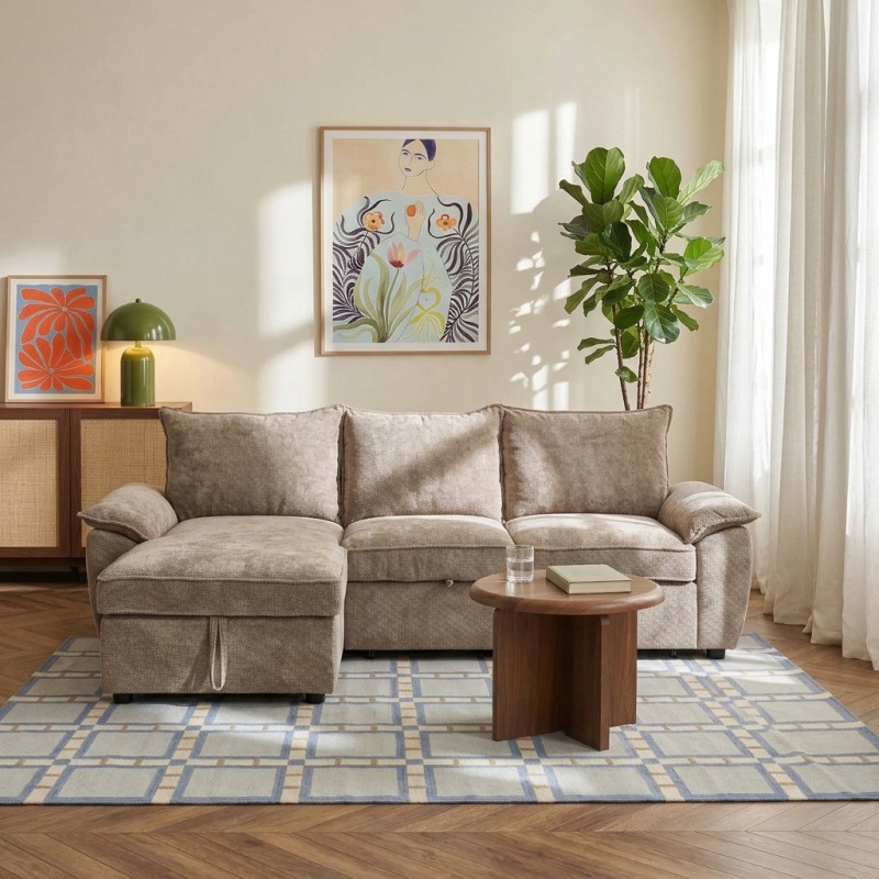 Canapé d'angle gauche convertible VINEA 4 places tissu chenille tramé taupe