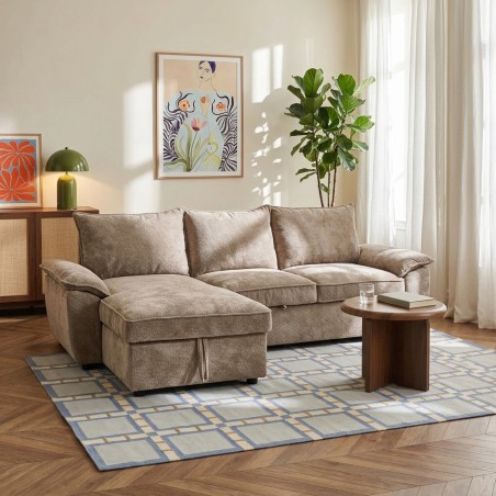 Canapé d'angle gauche convertible VINEA 4 places tissu chenille tramé taupe