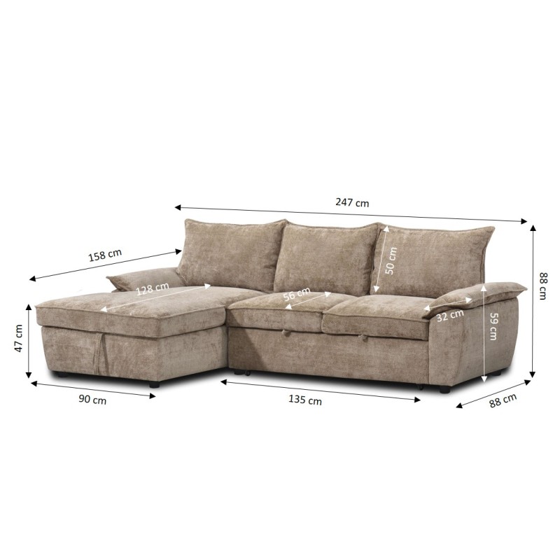 Canapé d'angle gauche convertible VINEA 4 places tissu chenille tramé taupe