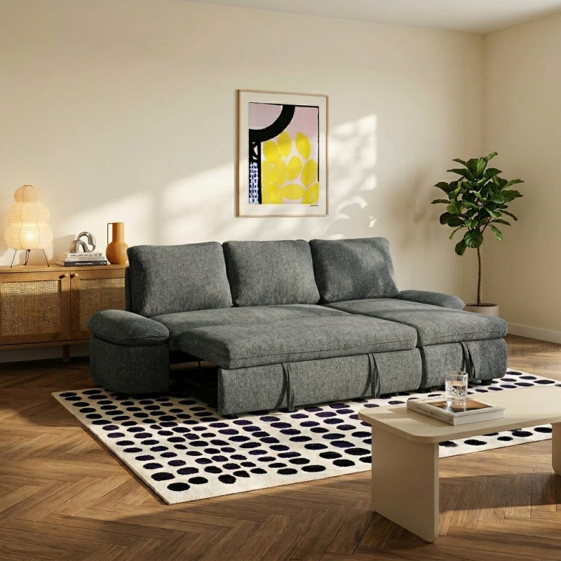 Canapé d'angle convertible et réversible LORMA 4 places tissu chenille tramé vert