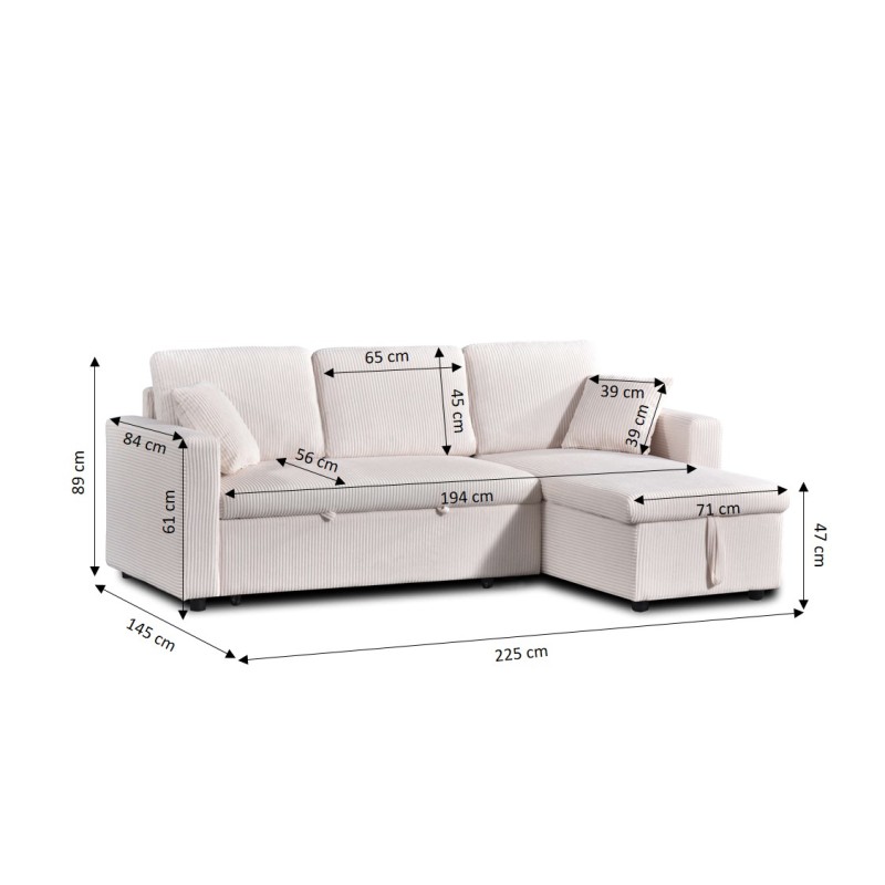 Canapé d'angle convertible et réversible ASPEN 4 places velours côtelé beige