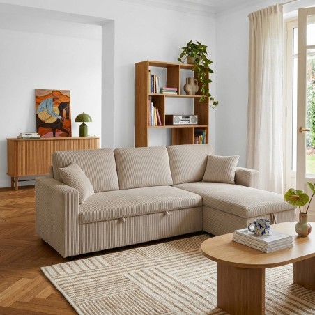 Divano angolare trasformabile e reversibile ASPEN a 4 posti in velluto a coste color tortora
