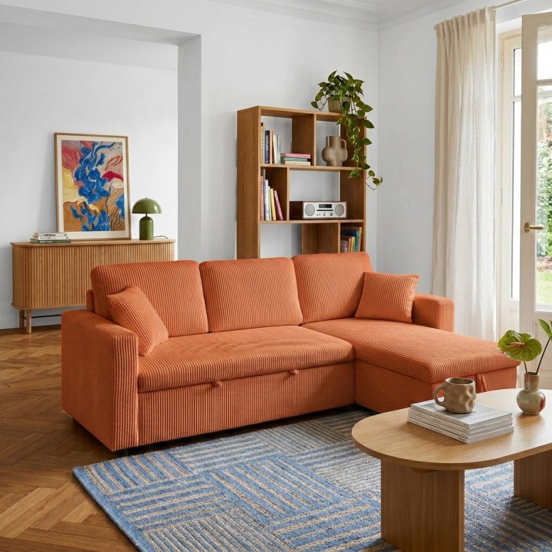 Canapé d'angle convertible et réversible ASPEN 4 places velours côtelé terracotta
