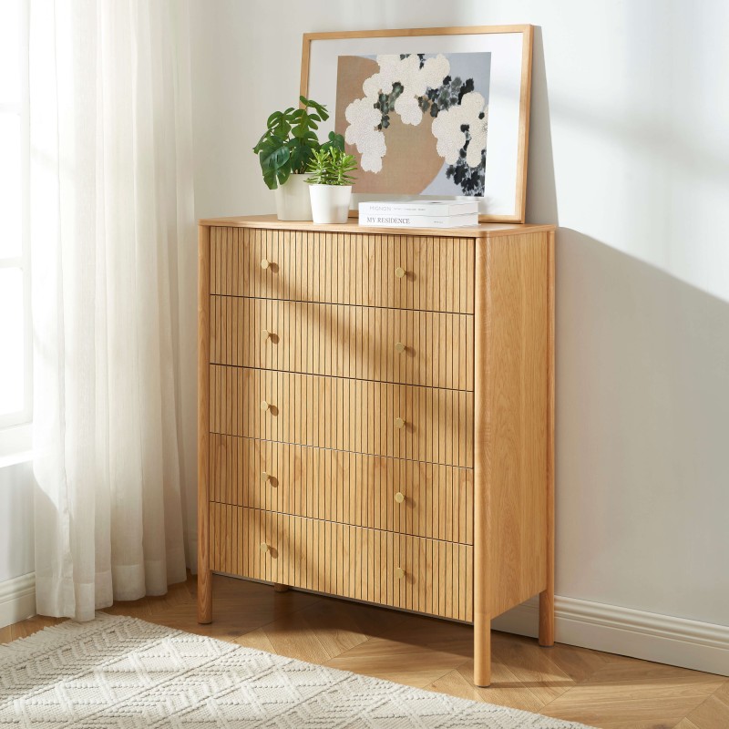 Commode CLEO placage chêne 5 tiroirs 90cm