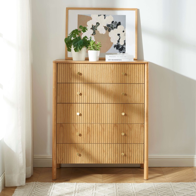 Commode CLEO placage chêne 5 tiroirs 90cm